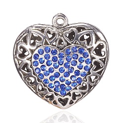 Antik Silber Farbe Legierung rhinestone-anhänger, hohl, Herz, Antik Silber Farbe, 44x44x15 mm, Bohrung: 3 mm