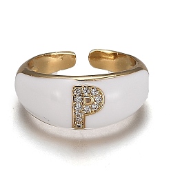 Letter P Brass Micro Pave Clear Cubic Zirconia Cuff Rings, Open Rings, with Enamel, Cadmium Free & Lead Free, Golden, Letter.P, US Size 7 1/4, Inner Diameter: 17.6mm