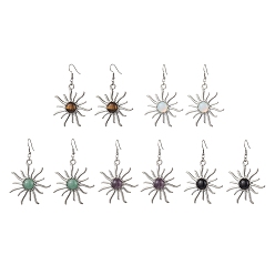 Смешанные камни Драгоценный камень болтаются серьги, с 304 крючками для сережек из нержавеющей стали и фурнитурой из сплава, солнце, 73.5x46.5 мм