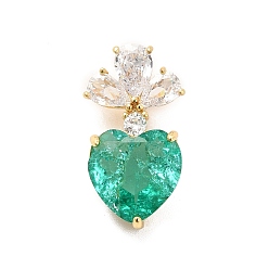 Зеленый Латунные микропаве прозрачные подвески с фианитом, со стеклом, сердце прелести, реальный 18 k позолоченный, зелёные, 24.5x13x12 мм, отверстие : 6x4 мм