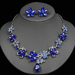 Синий Комплекты из сережек-гвоздиков и подвесок из сплава стекла в форме цветка и капли для женщин., синие, колье: 16.54 дюйм (42 см)