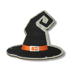 Black Halloween Single Face Printed Wood Big Pendants, Witch Hat Charms, Black, 48x52x2.5mm, Hole: 2mm