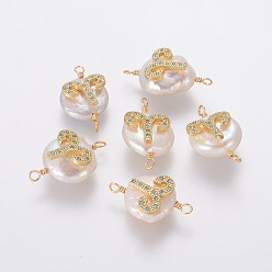 Aries Natural Pearl Links connectors, with Brass Micro Pave Cubic Zirconia Findings, Flat Round with Constellation, Golden, Deep Sky Blue, Aries, 20~26x9~17x5~11mm, Hole: 1.6mm