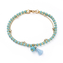 Synthetic Turquoise Multi-Strand Bracelets, with Synthetic Turquoise(Dyed) Beads and Glass Beads, Brass Cable Chains, Polycotton(Polyester Cotton) Tassel Pendants and Braided Nylon Thread, 7-1/2 inch(19.2cm)