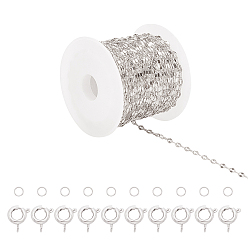 Platinum Brass Dapped Chains, Cable Chains, with Spool, 304 Stainless Steel Jump Rings, Brass Spring Ring Clasps, Soldered, Flat Oval, Platinum, 5x2x0.5mm, 5m