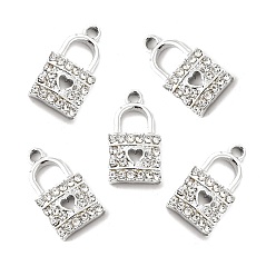 Crystal Alloy Rhinestone Pendants, Platinum Tone Lock with Hollow Out Heart Charms, Crystal, 21x11x3mm, Hole: 2.2mm