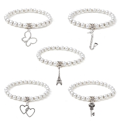 Mixed Shapes Стеклянный жемчуг бисером браслеты простирания, с сплава прелести, разнообразные, внутренний диаметр: 2-1/2 дюйм (6.2 см), Кулон : 17.5~27x8~23 мм