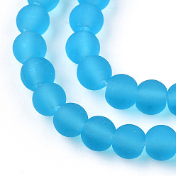 Deep Sky Blue Transparent Glass Beads Strands, Frosted, Round, Deep Sky Blue, 4~4.5mm, Hole: 0.8mm, about 97~99pcs/strand, 14.76 inch~14.96 inch(37.5~38cm)