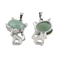 Green Aventurine Natural Green Aventurine Pendants, Platinum Plated Brass Fox Charms, 30.5x25x9mm, Hole: 5x7.5mm