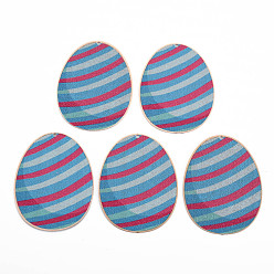 Light Sky Blue Spray Painted Brass Pendants, Christmas Theme, Oval with Stripe Pattern, Light Gold, Cadmium Free & Nickel Free & Lead Free, Light Sky Blue, 48x36x0.3mm, Hole: 1.6mm