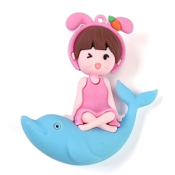 Светло-Синий Пластиковые большие подвески из пвх, милая девочка-дельфин, голубой, 71x63x22 мм, отверстие : 3 мм