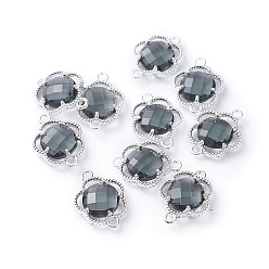 Серый Соединители стеклянные ссылки, с фурнитурой Berzel с открытой спиной из экологически чистого сплава, граненые, цветок, серебряный цвет гальваническим, серые, 15.5x12x3 мм, отверстие : 1.4 мм