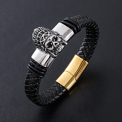 Античный Серебристый & Золотой Браслеты из плетеного шнура из искусственной кожи в стиле панк, 304 Браслеты с подвесками в виде черепа из нержавеющей стали для мужчин, с магнитной застежкой, старинное серебро & золотой, 8.27 дюйм (21 см)