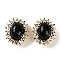 Настоящее золото 18K Натуральный обсидиан пришитый стразы, с латунными микро проложить кубических выводы циркония, без кадмия, без никеля и без свинца, овальные, реальный 18 k позолоченный, 13x11x8.5 мм, отверстие : 1.5 мм