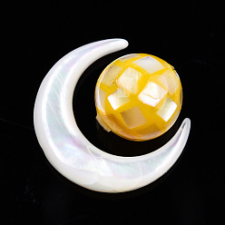 Yellow Shell Natural White Shell Beads, with Natural Yellow Shell Beads, Moon with Round, Moon: 15x12.5x3.5mm, Round: 8mm, Hole: 0.8mm, about 2pcs/set
