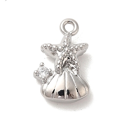 Морская звезда Подвески из платины и латуни с микропаве из прозрачных кубических цирконий на тему морских животных, морская звезда, 12.5x8x4 мм, отверстие : 1.2 мм