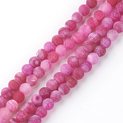 Deep Pink Natural Fire Crackle Agate Bead Strands, Frosted, Dyed, Round, Deep Pink, 10mm, Hole: 1.5mm, about 38pcs/strand, 15.1 inch