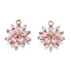 Pearl Pink Brass Micro Pave Clear Cubic Zirconia Pendants, with Glass, Light Gold, Long-Lasting Plated, Cadmium Free & Lead Free, Flower, Pearl Pink, 18x15x3.5mm, Hole: 1.6mm