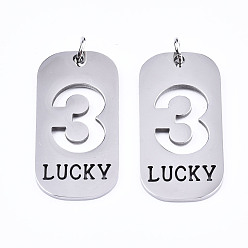 Number Non-Tarnish 201 Stainless Steel Pendants, Laser Cut, with Jump Rings, Rectangle with Number and Word LUCKY, Stainless Steel Color, Num.3, 35x17x1.5mm, Jump Ring: 6x1mm, Inner Diameter: 4mm