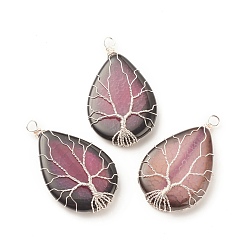 Орхидея Природные подвески агат треск, окрашенные, с серебристой экологически чистой медной проволокой, обернутой, слезинка с дерева, сиреневые, 49~52x31~32x9~11 мм, отверстие : 3.2~3.8 мм