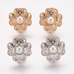 Mixed Color Alloy Stud Earring Findings, with Loop and Acrylic Pearls, Flower, Mixed Color, 22x19.5mm, Hole: 1mm, Pin: 0.7mm