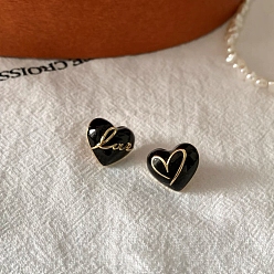 Черный Асимметричные серьги с эмалью Heart & Word Love, серьги-гвоздики из золотого сплава со значками из стерлингового серебра 925 на День святого Валентина, чёрные, 15.5x13 мм, штифты : 0.6 мм