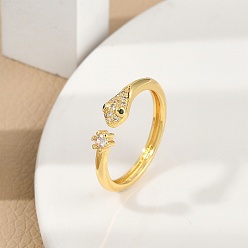 Настоящее золото 18K Кольца-манжеты из латуни с микро-паве и прозрачным циркониевым покрытием для женщин, долговечный, без кадмия и без свинца, змея, реальный 18 k позолоченный, размер США 7 1/4 (17.5 мм)