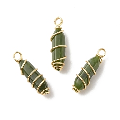 Jade Natural Chinese Southern Jade Double Terminal Pointed Pendants, with Golden Tone Copper Wire Wrapped, Bullet, 26~26.5x8mm, Hole: 2.5~2.8mm