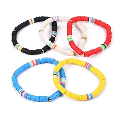 Mixed Color Handmade Polymer Clay Heishi Beads Stretch Bracelets, with Brass Spacer Beads, Mixed Color, Inner Diameter: 2-1/2 inch(6.3cm)