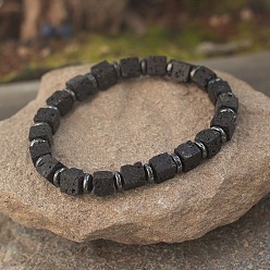 Лавовый камень Эластичные браслеты из кубической натуральной лавовой породы и синтетических немагнитных гематитовых бусин для женщин и мужчин., регулируемый