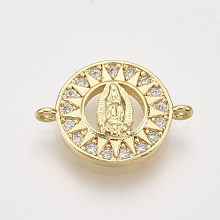 Golden Brass Micro Pave Cubic Zirconia Links, Flat Round with Virgin Mary, Clear, Golden, 13x18.5x2.5mm, Hole: 1mm