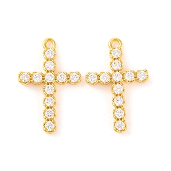 Настоящее золото 18K Латунные микропаве прозрачные подвески с фианитом, крестик, реальный 18 k позолоченный, 17.3x11.2x1.9 мм, отверстие : 1.2 мм