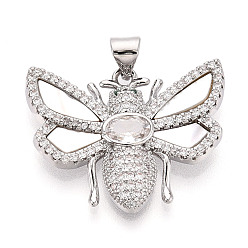 Платина Латунные микропаве прозрачные подвески с фианитом, без кадмия и без свинца, с оболочкой, Пчелы, платина, 21.5x27x4 мм, отверстие : 3.5 мм