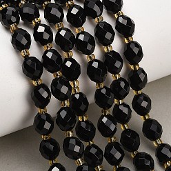 Obsidian Natural Obsidian Beads Strands, Round, Faceted, with Seed Beads, 8~9x7~8mm, Hole: 1mm, about 18~20pcs/strand, 7.48''(19cm)~7.87''(20cm)