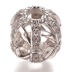 Platinum Brass Micro Pave Clear Cubic Zirconia Beads, Hollow Round, Platinum, 12.5mm, Hole: 3.5mm