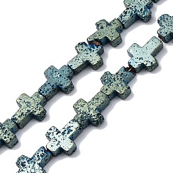 Зеленое Покрытие Гальванические бусины из натуральной лавы, крестик, зеленый покрытием, 10x8x4~4.5 мм, отверстие : 0.8~1 мм, около 38 шт / нитка, 31.10'' (79 см)