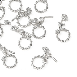Platinum SHEGRACE Brass Toggle Clasps, Rose Flower, Cadmium Free & Lead Free & Nickel Free, Platinum, 17x15x2mm, Hole: 1.2mm