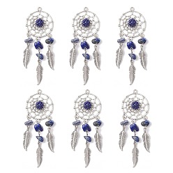 Ляпис-Лазурь Подвески-ловцы снов из натурального лазурита, с фурнитурой из сплава и 304 петлей из нержавеющей стали, 81x28x8 мм, отверстие : 2 мм