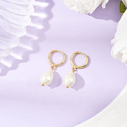 Золотой Серьги-кольца из латуни в форме капли, со стеклянным жемчугом, золотые, 32.5x9 мм