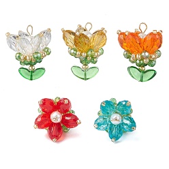 (52) Непрозрачная лаванда Прозрачные стеклянные подвески, цветочный шарм, со стеклянными жемчужными бусинами и 304 петлями из нержавеющей стали, разноцветные, 29.5x23x22 мм, отверстие : 4x2.5 мм