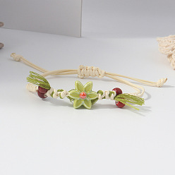 Yellow Green Adjustable Handmade Porcelain Flower Polyester Cord Braided Bead Bracelets for Women, Yellow Green, 2.36~9.84 inch(6~25cm)