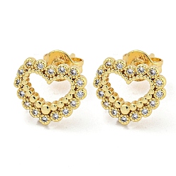 Clear Hollow Heart Real 18K Gold Plated Brass Stud Earrings, with Cubic Zirconia, Clear, 9x10.5mm