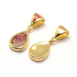 Golden Brass Charms, with Synthetic Opal, teardrop, Tomato, Golden, 15.5x9x2.5mm, Hole: 3mm