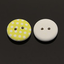 Yellow 2-Hole Flat Round Polka Dot Printed Wooden Sewing Buttons, Dyed, Yellow, 15x4mm, Hole: 1mm