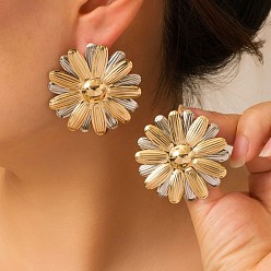 Golden & Stainless Steel Color Alloy Stud Earrings for Women, Flower, Golden & Stainless Steel Color, 42x43mm