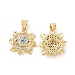 Golden Brass Micro Pave Cubic Zirconia Pendants, Sun with Evil Eye Charm, Golden, 24.5x18x4mm, Hole: 5x3mm