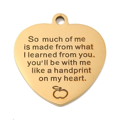Настоящее золото 18K День учителя вакуумное покрытие pvd 201 подвески из нержавеющей стали, подвески для сообщений, сердце со словами-подвесками, реальный 18 k позолоченный, 30.5x29x2 мм, отверстие : 3 мм