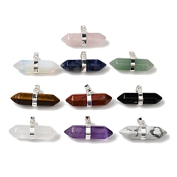 Смешанные камни Двойные заостренные подвески из смешанных натуральных и синтетических драгоценных камней, граненые брелоки в форме пули с латунными застежками на дужках, стойки покрытие, серебряные, 12.5x32~32.5x9.5 мм, отверстие : 6x4.5 мм