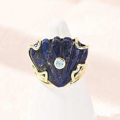 Lapis Lazuli Natural Lapis Lazuli Cuff Rings, Shell Shape, Brass Micro Pave Cubic Zirconia Cuff Open Rings, Golden, 24.5mm, US Size 7 1/4(17.5mm)