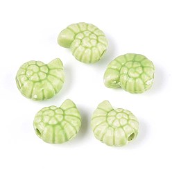 Желто-Зеленый Ручной фарфоровые керамические шарики, яркие глазированный фарфор, формы раковины, желто-зеленый, 14x12x7.5~8 мм, отверстие : 2~2.5 мм